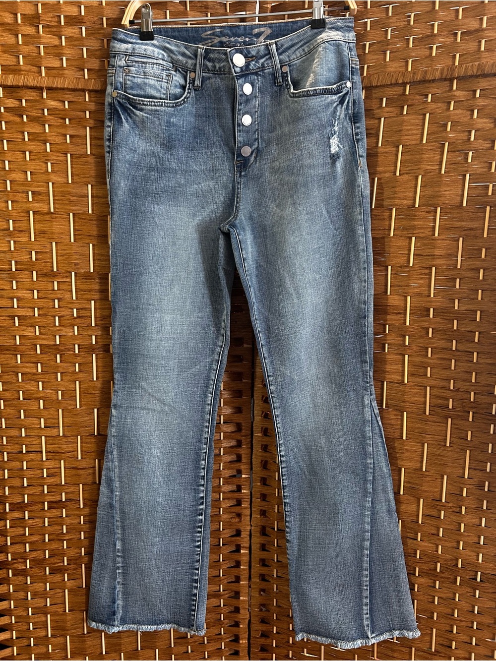 Seven7 High Rise Flare Jeans Snap Fly Raw Hem Distressed Stretch Denim Size 10